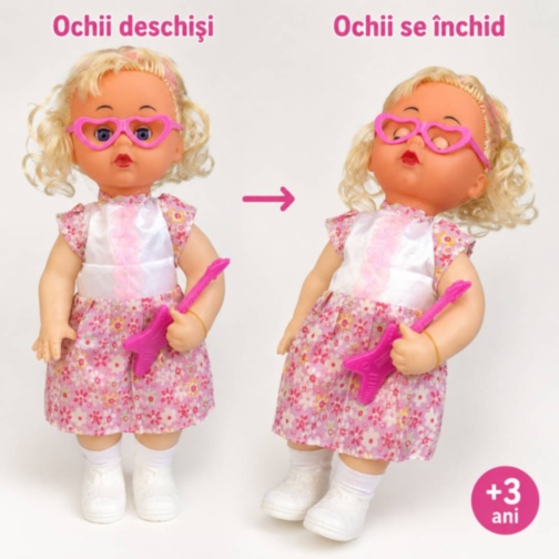 Păpușă muzicală cu chitară roz și ochi mobili
