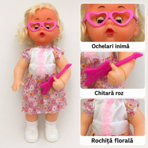 Păpușă muzicală cu chitară roz și ochi mobili