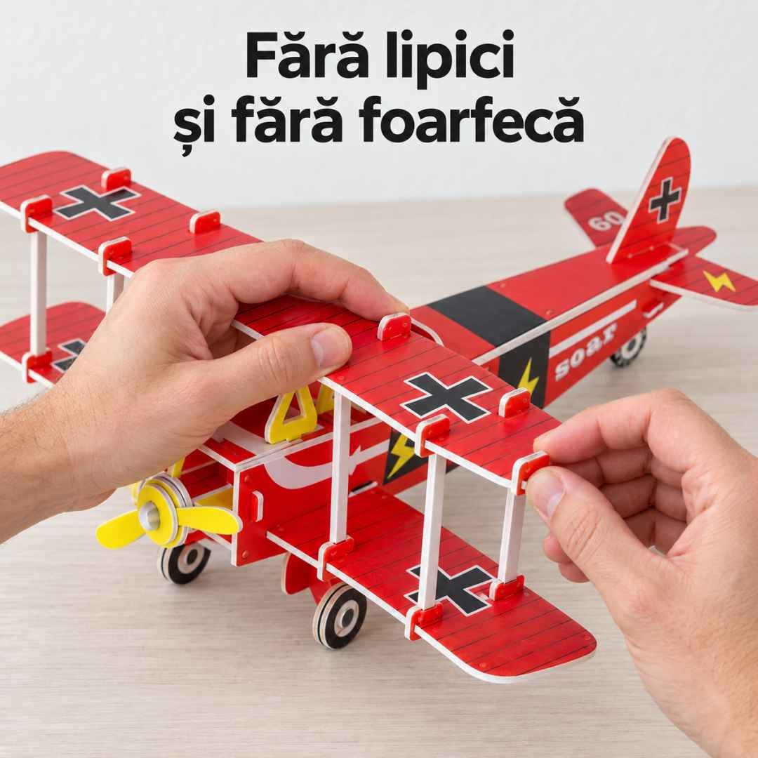 Mâini care îmbină piesele aripii biplanului roșu, fără lipici sau foarfecă