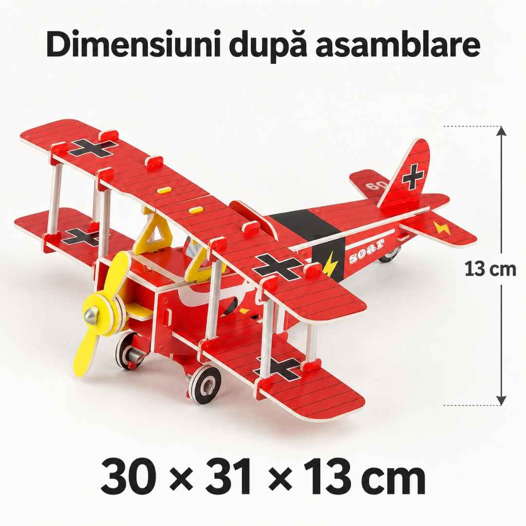 Biplanul roșu după asamblare, cu dimensiunile de 30 × 31 × 13 cm și înălțimea de 13 cm indicată