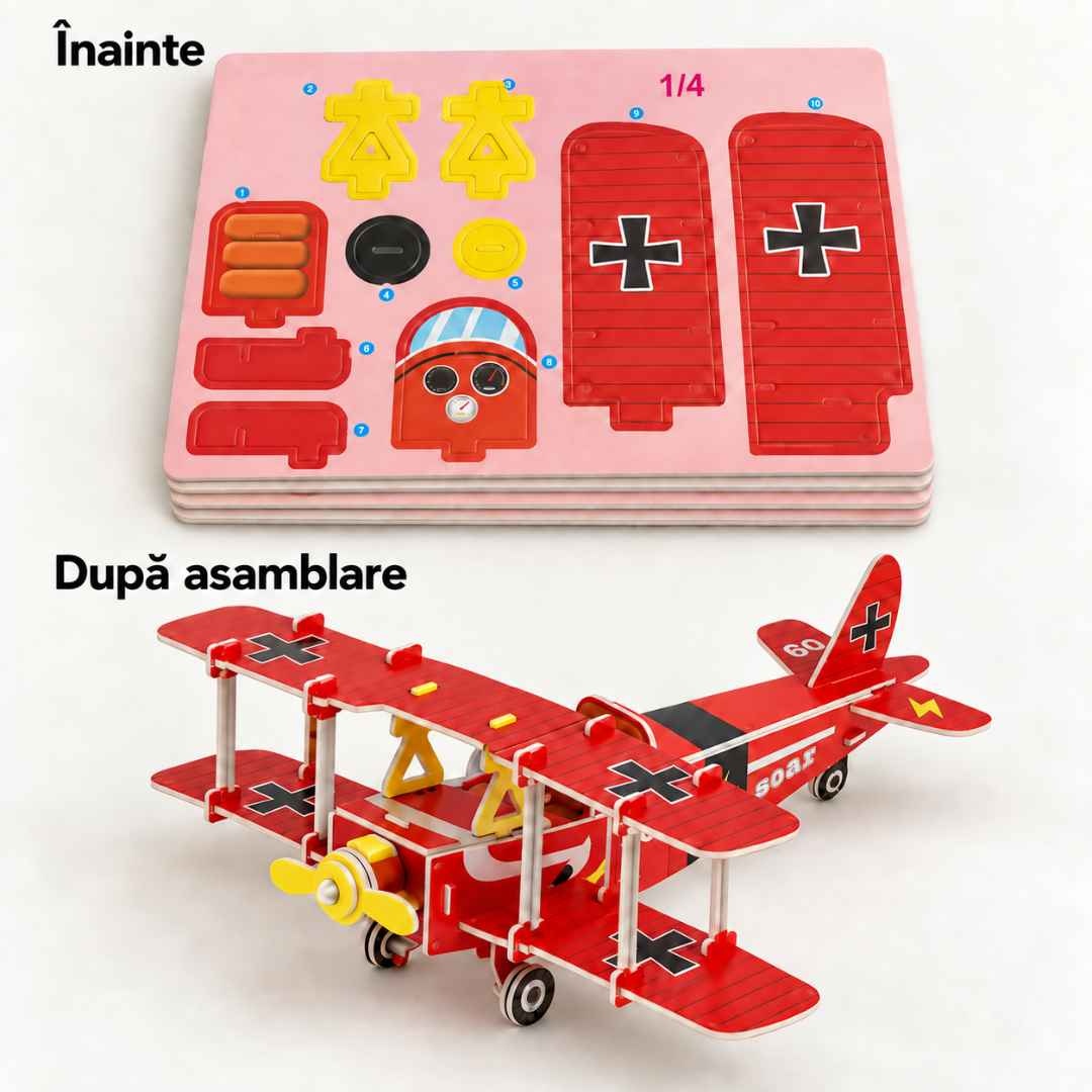Comparație înainte și după: teancul de patru foi cu piese și avionul biplan asamblat