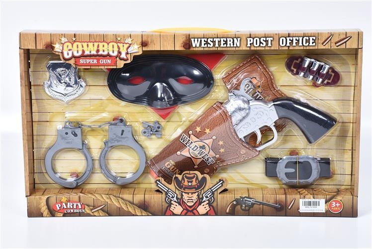 Revolver Western cu Teacă, Cătușe, Mască și Insigna de Șerif, sunete realiste