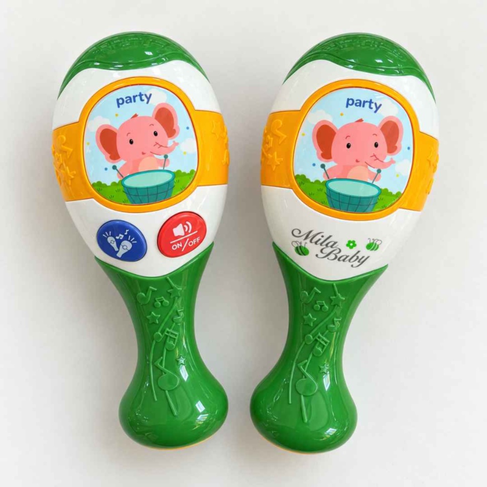 Set de două maracas Mila Baby cu mânere verzi și elefănței, una electronică și una cu sunet la agitare