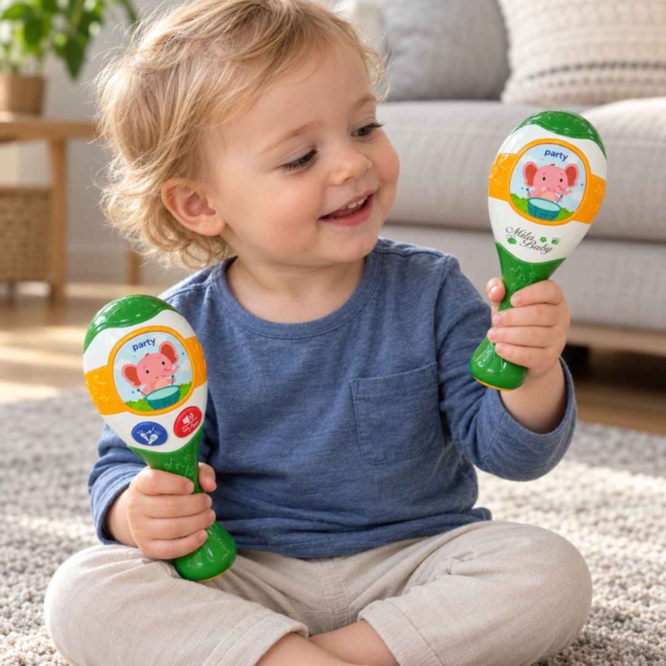 Copil mic ține cele două maracas Mila Baby și explorează sunetele prin joacă