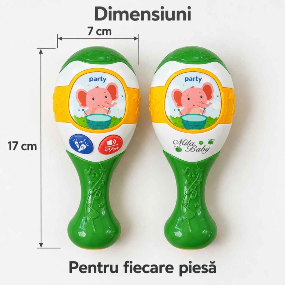 Dimensiunile fiecărei piese din setul Mila Baby: 17 cm lungime și 7 cm lățime