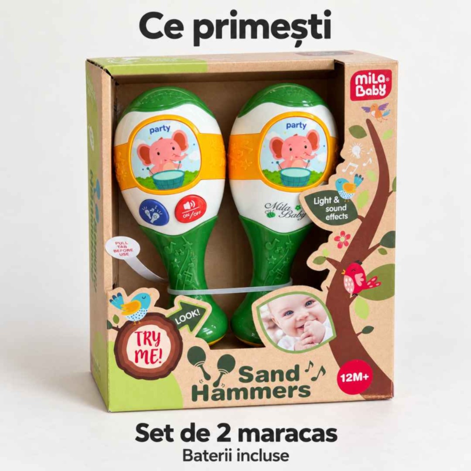 Ambalajul original Mila Baby cu cele două maracas din set și mențiunea baterii incluse