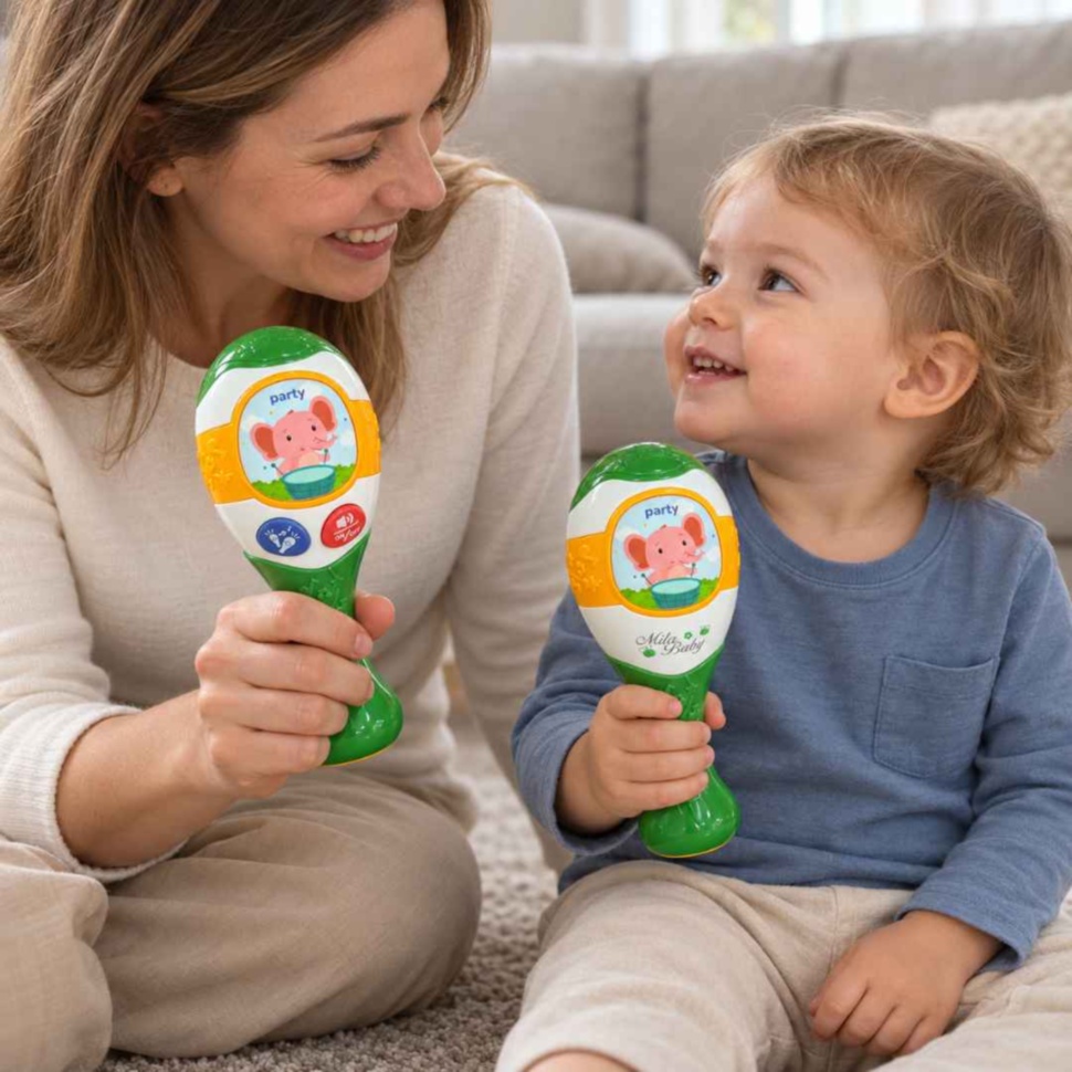Mamă și copil se joacă împreună, fiecare ținând câte o maraca din setul Mila Baby