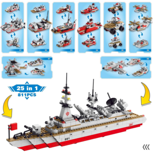 Set de Construcție Militară 25 în 1 – Nava de Război, Tancuri și Elicoptere – 811 Piese