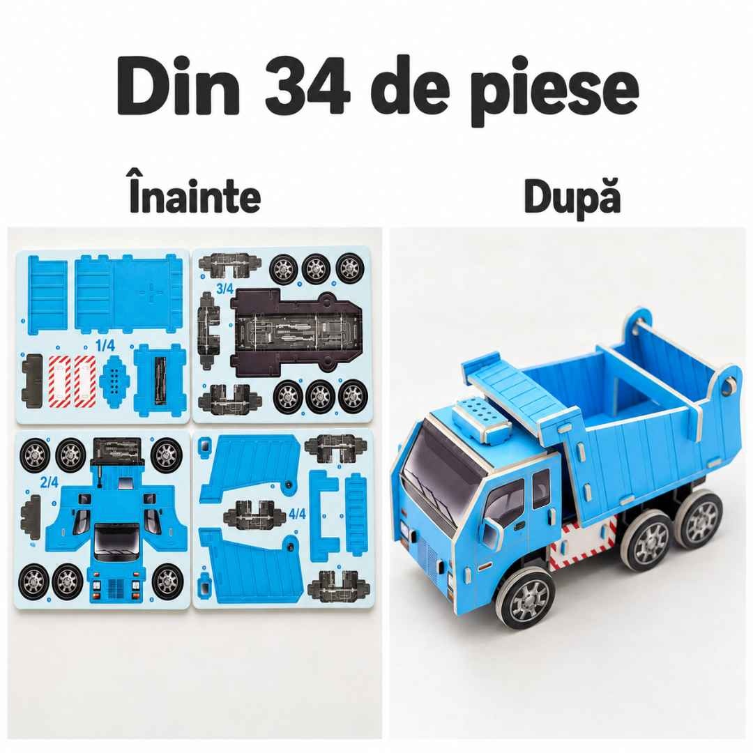 Puzzle-ul camion basculant înainte și după asamblare: patru foi cu 34 de piese și modelul construit