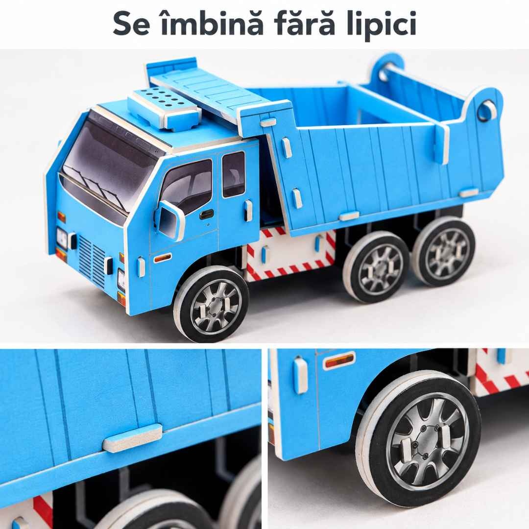 Detalii ale camionului din spumă EPS: cabină imprimată, roți și îmbinările panourilor albastre