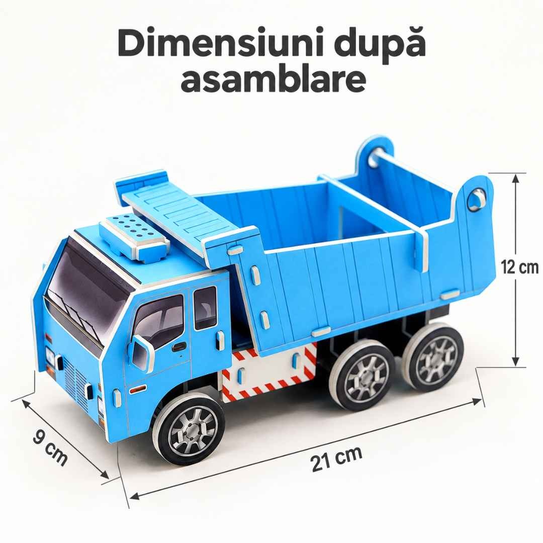 Dimensiunile camionului după asamblare: 21 cm lungime, 9 cm lățime și 12 cm înălțime