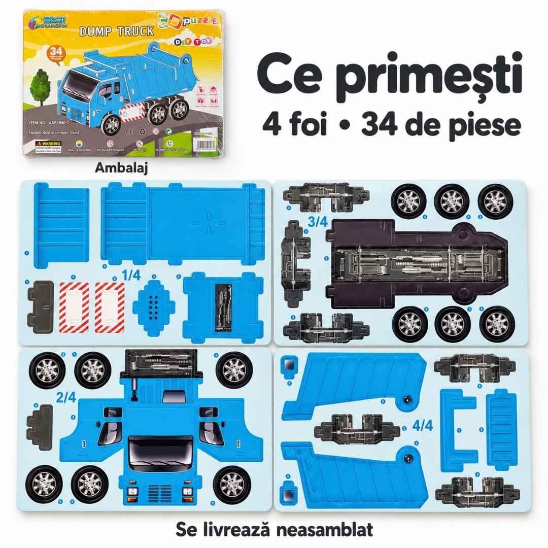 Conținutul setului: ambalajul original și patru foi cu cele 34 de piese ale camionului basculant