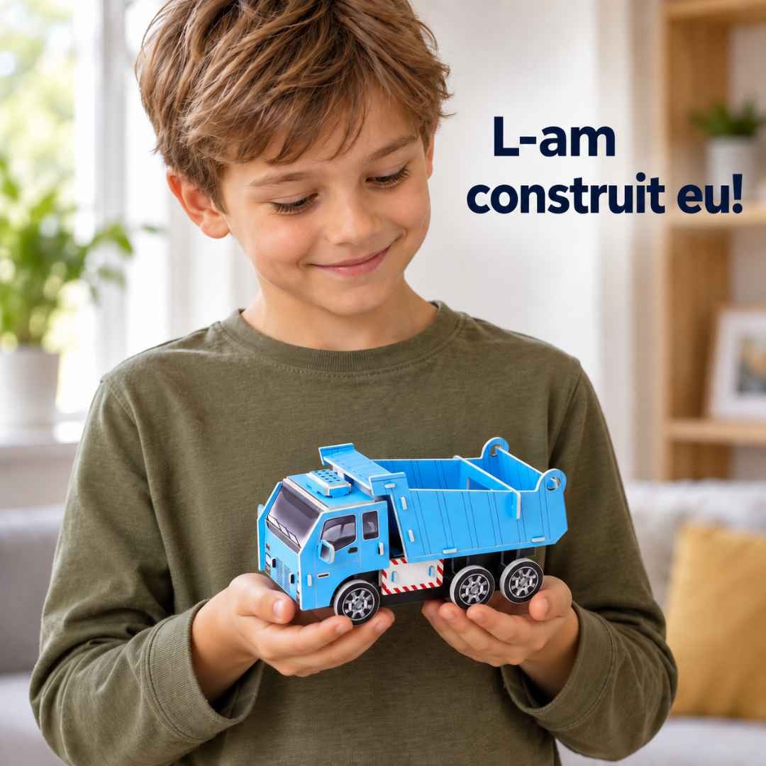 Băiat care ține în mâini camionul basculant albastru construit din puzzle-ul 3D