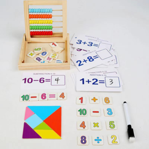 Învață Matematica, joc Montessori din lemn cu fise, abac și cartonașe