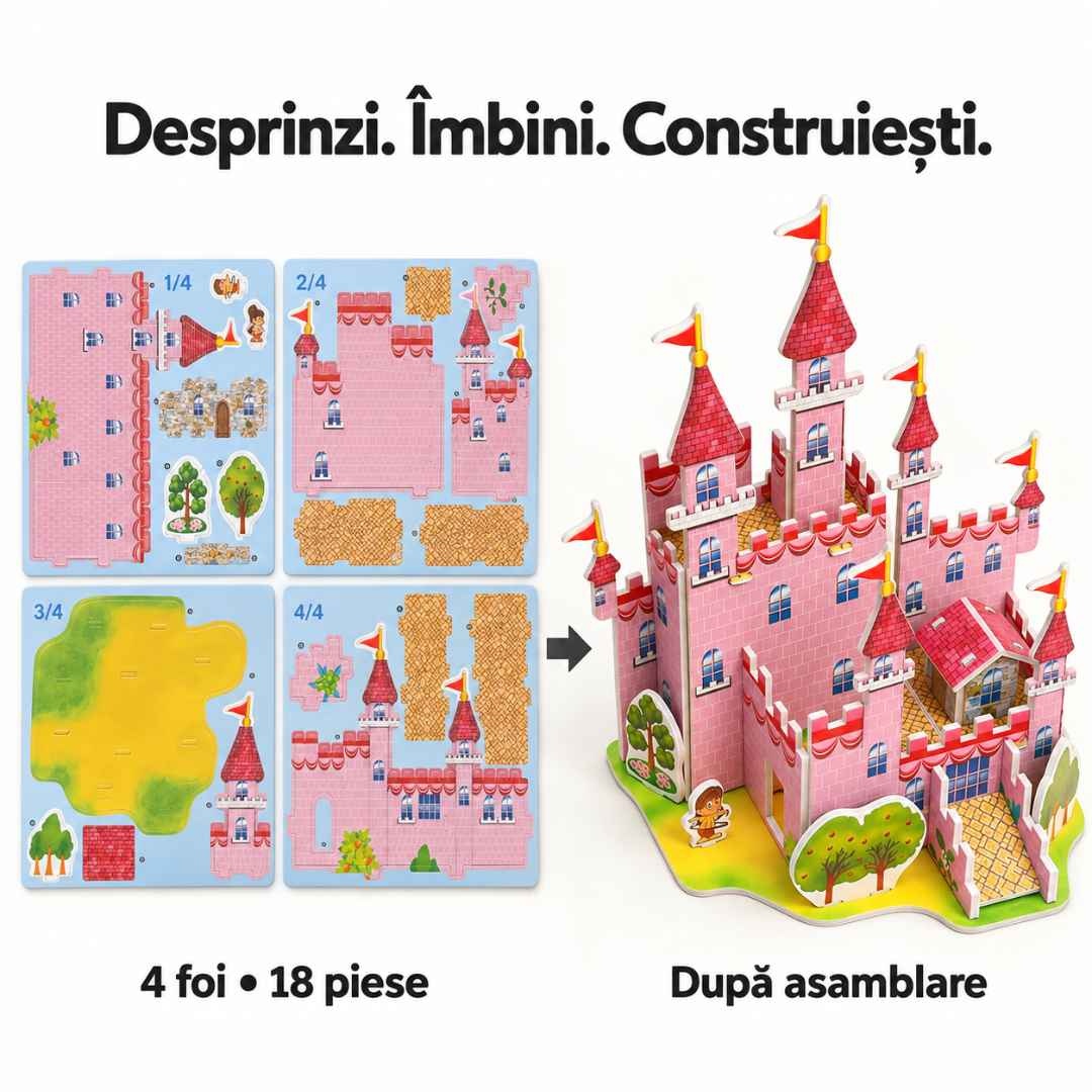 Comparație între cele patru foi cu 18 piese și castelul roz după asamblare