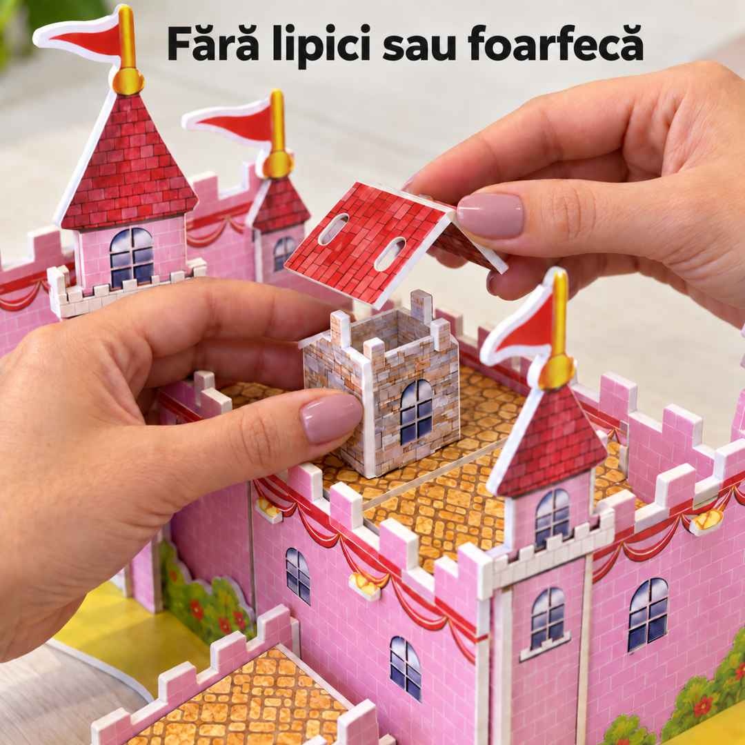 Mâini care potrivesc o piesă de acoperiș în castelul 3D, fără lipici sau foarfecă
