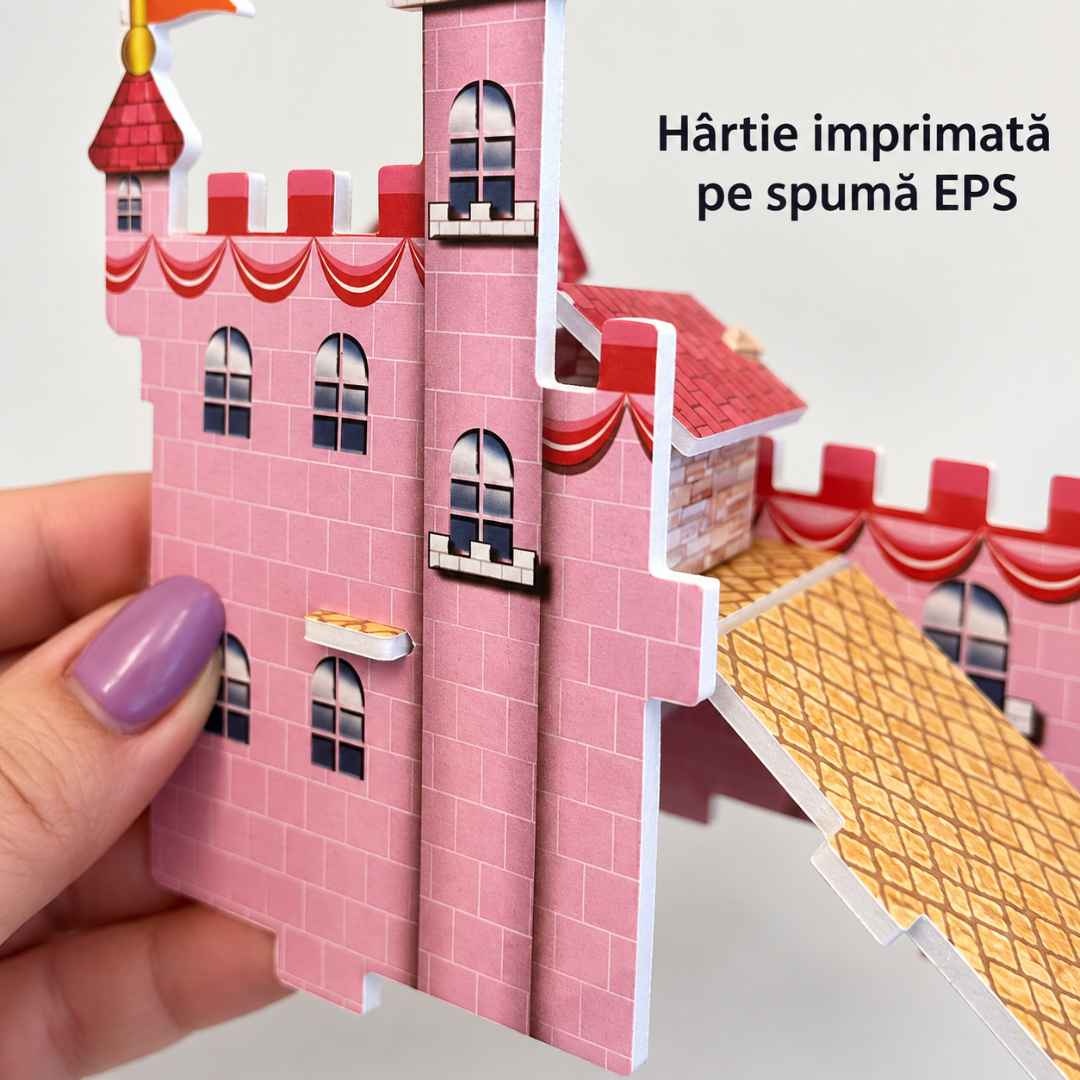 Detaliu al pereților roz și al îmbinărilor puzzle-ului, din spumă EPS cu hârtie imprimată