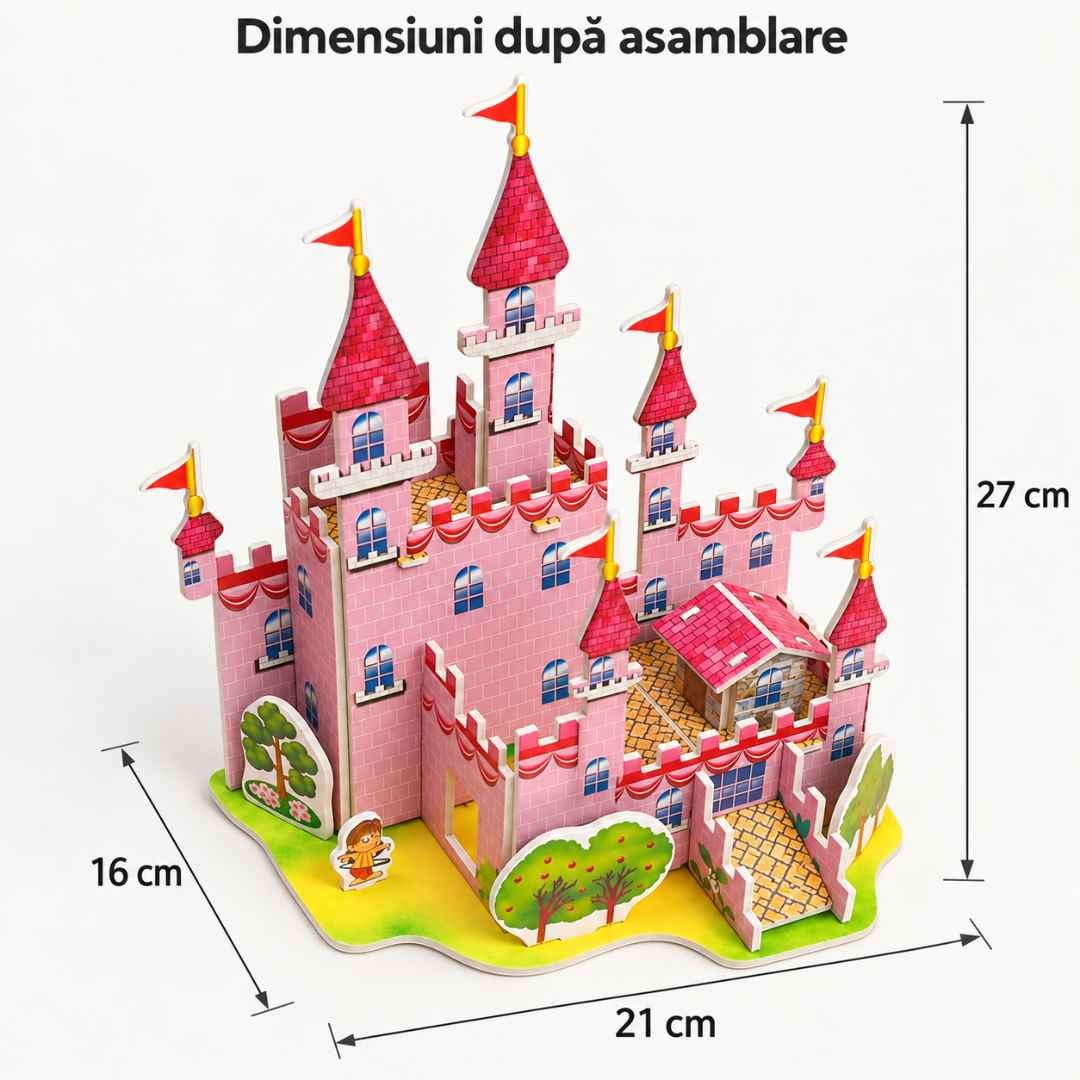 Dimensiunile castelului după asamblare: 21 cm lățime, 16 cm adâncime și 27 cm înălțime