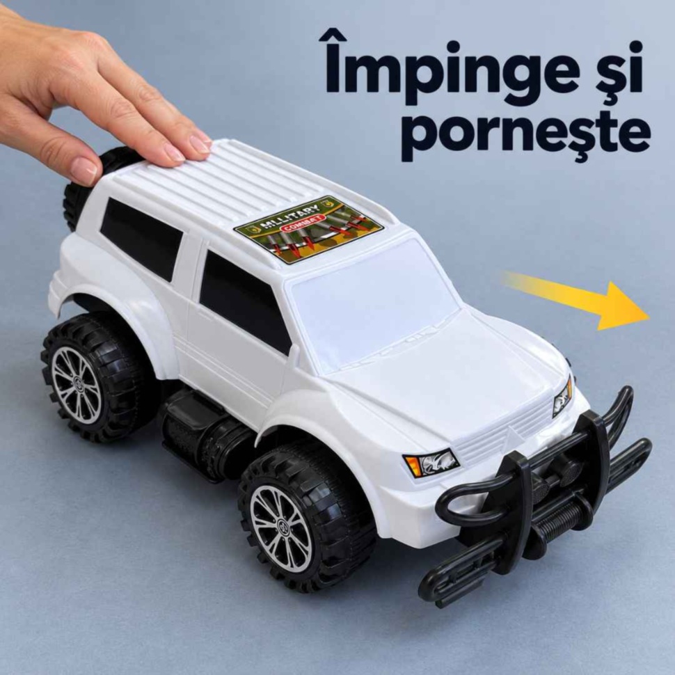 Demonstrarea mecanismului cu inerție al SUV-ului alb prin împingere înainte