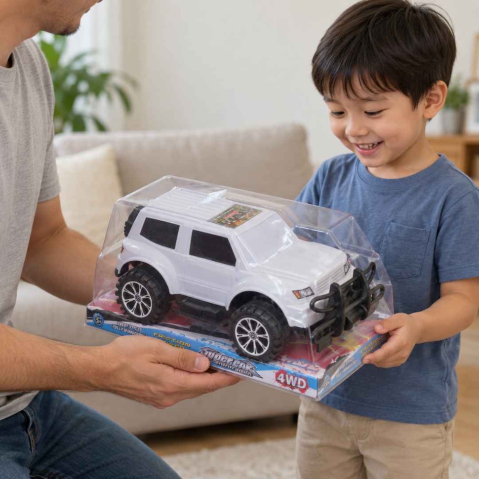 Copil primind în dar SUV-ul alb de 30 cm în ambalajul original transparent