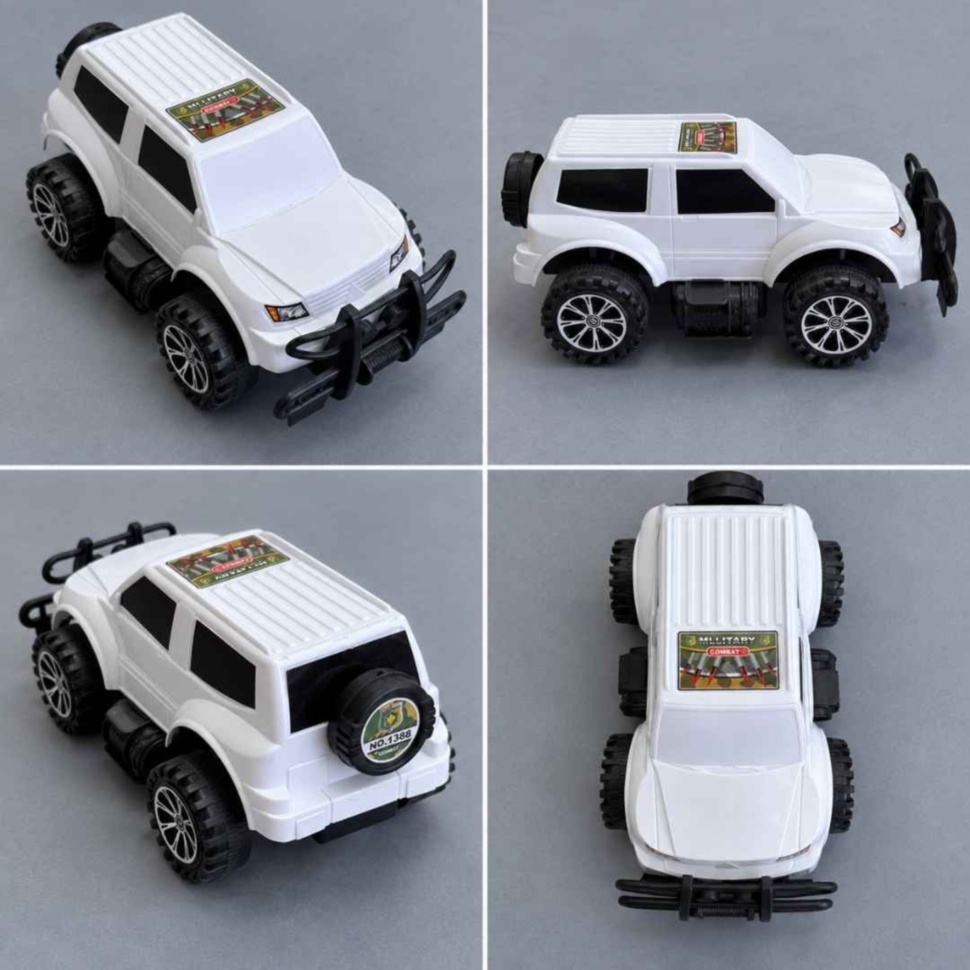 SUV alb de jucărie văzut din față, lateral, din spate și de sus