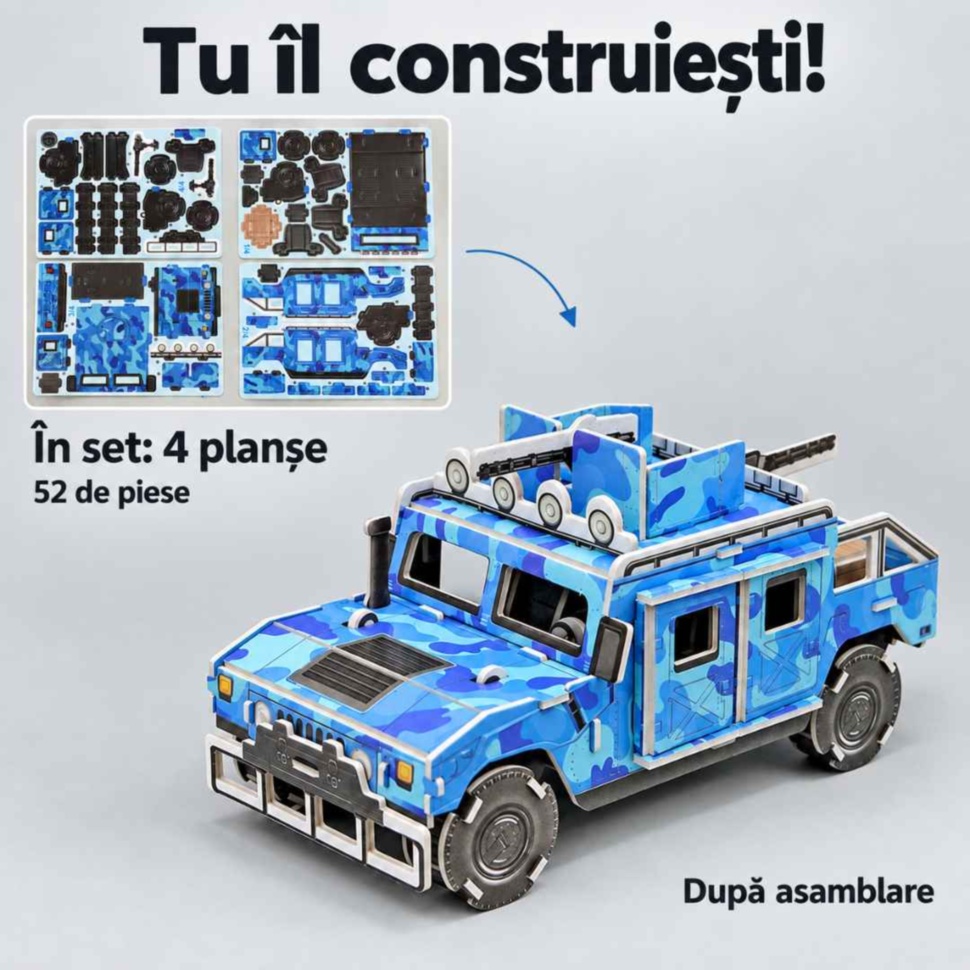 Puzzle 3D Hummer: cele patru planșe cu 52 de piese și modelul cu camuflaj albastru după asamblare