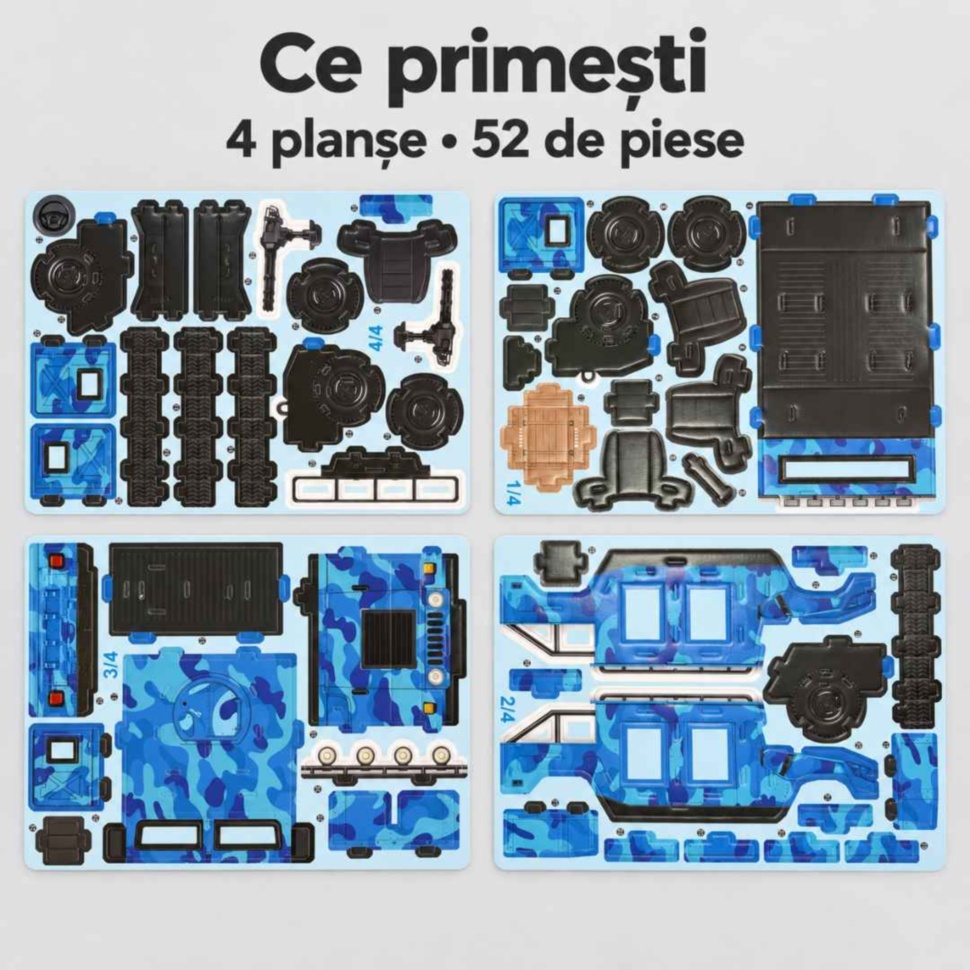 Cele patru planșe cu 52 de piese predecupate incluse pentru construirea puzzle-ului Hummer