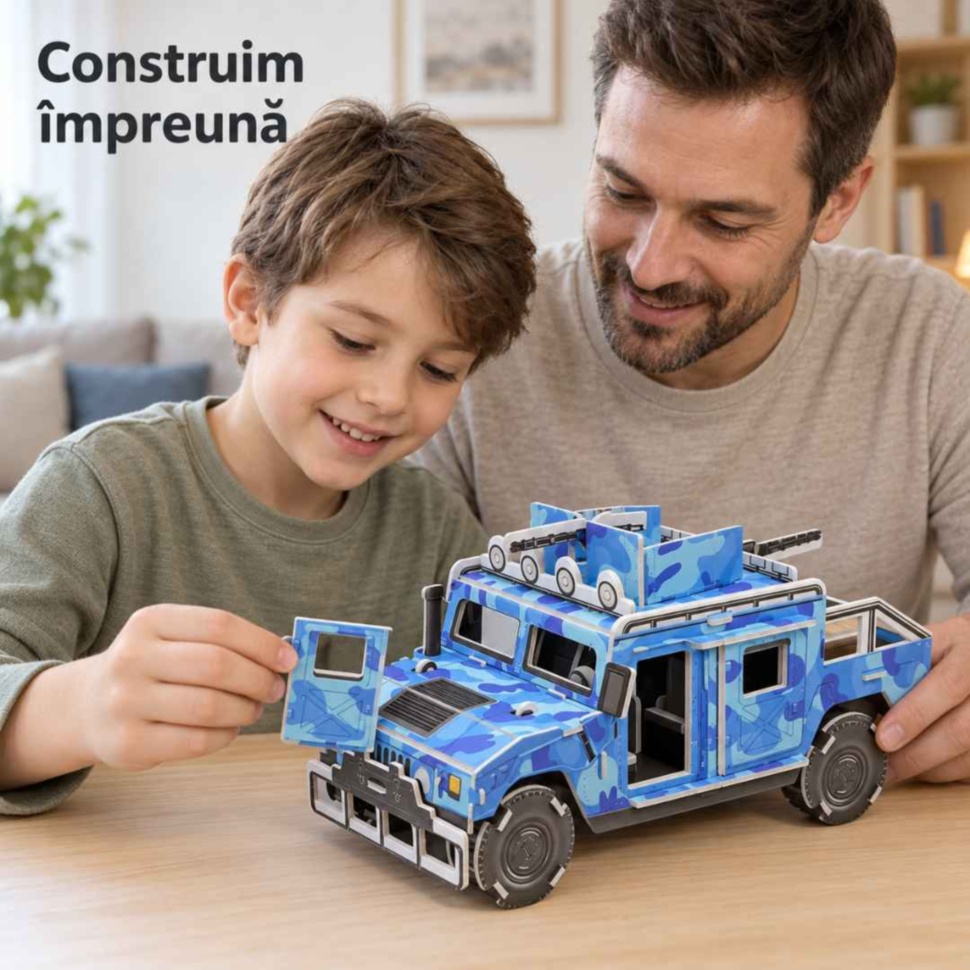 Copil și tată construiesc împreună puzzle-ul 3D Hummer la masă
