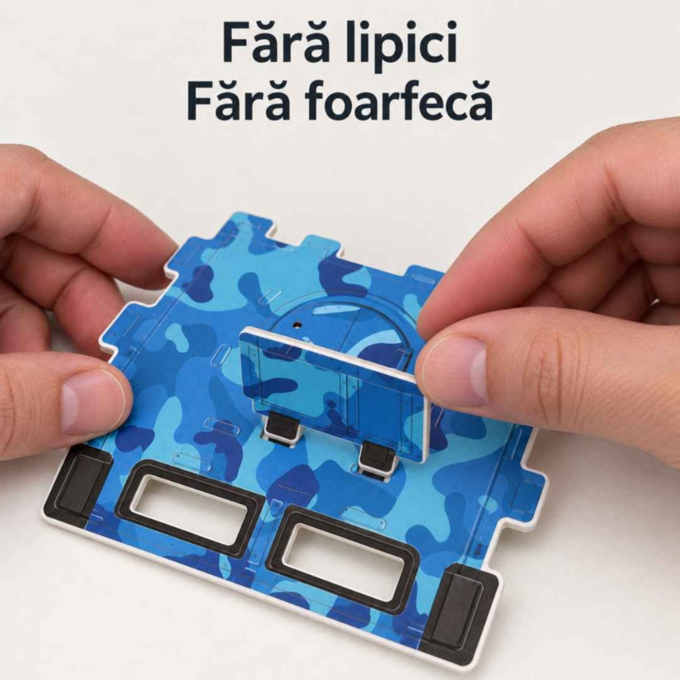 Detaliu cu îmbinarea manuală a pieselor predecupate cu camuflaj albastru, fără lipici sau foarfecă