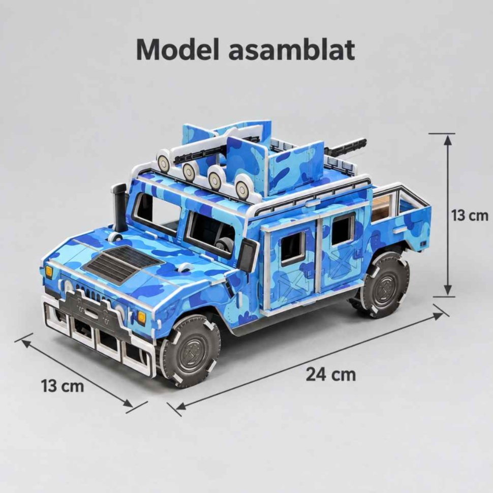 Dimensiunile modelului Hummer după asamblare: 24 cm lungime, 13 cm lățime și 13 cm înălțime