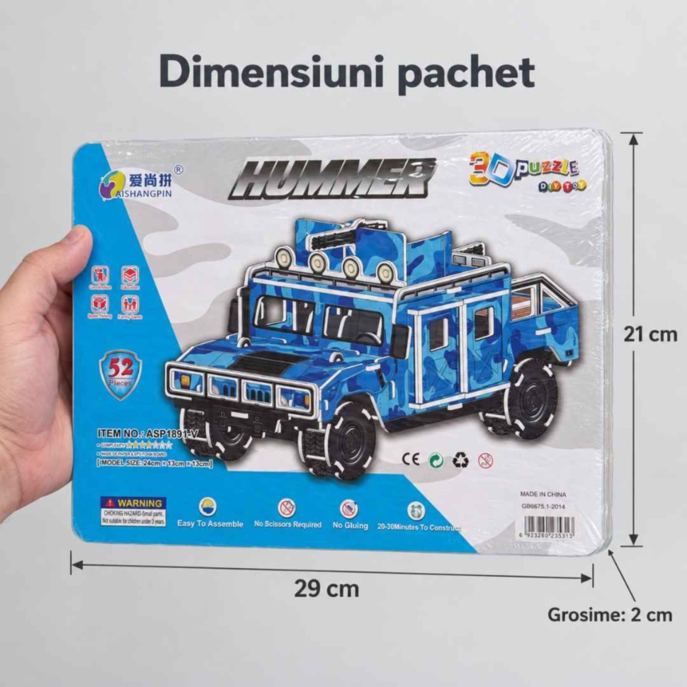 Dimensiunile pachetului cu puzzle Hummer: 29 × 21 cm și grosime de 2 cm