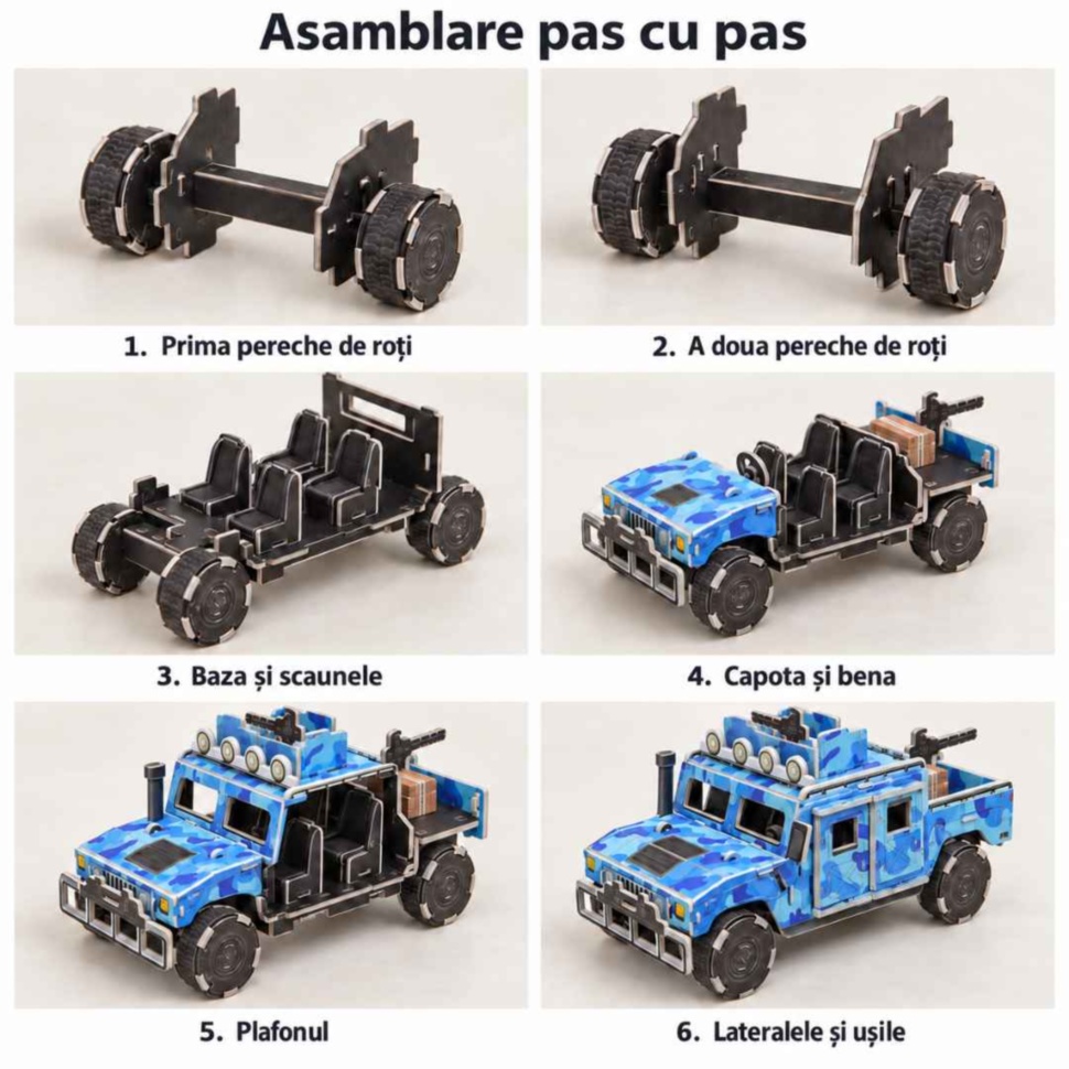 Prezentare în șase etape a asamblării puzzle-ului Hummer, de la roți și bază la caroseria completă