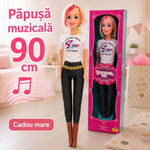 Păpușă muzicală mare 90 cm cu ținută fashion