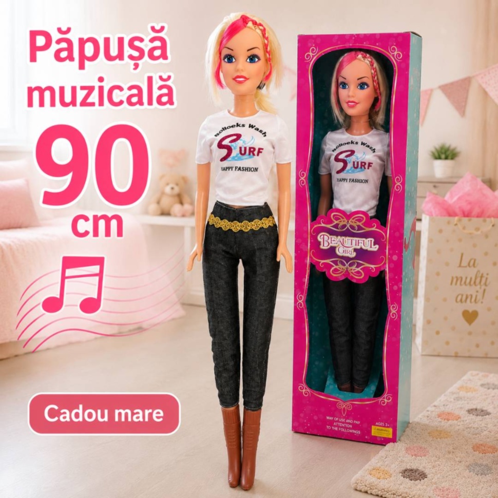 Păpușă muzicală mare de 90 cm cu păr roz-blond și cutie cadou