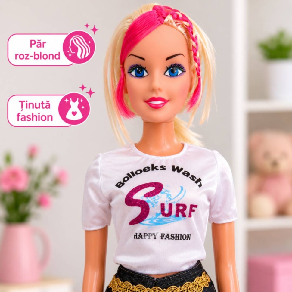 Părul roz-blond și ținuta fashion ale păpușii muzicale
