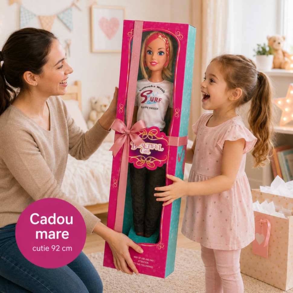 Copil primește în dar păpușa muzicală mare în cutie de prezentare