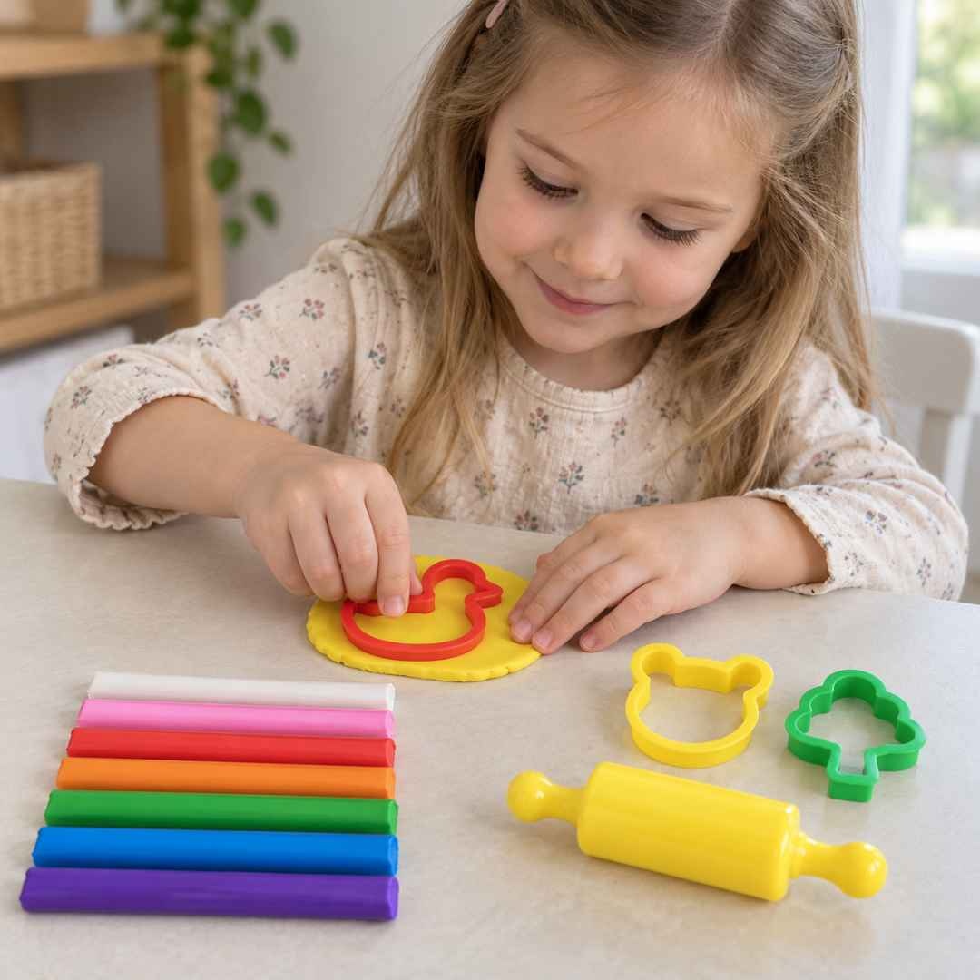 Copil decupează o rățușcă din plastilină galbenă folosind forma din set