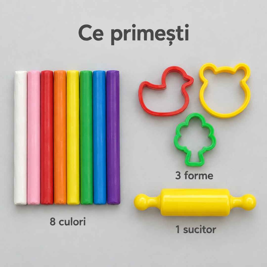 Set de plastilină cu 8 batoane colorate, 3 forme de decupat și un sucitor galben