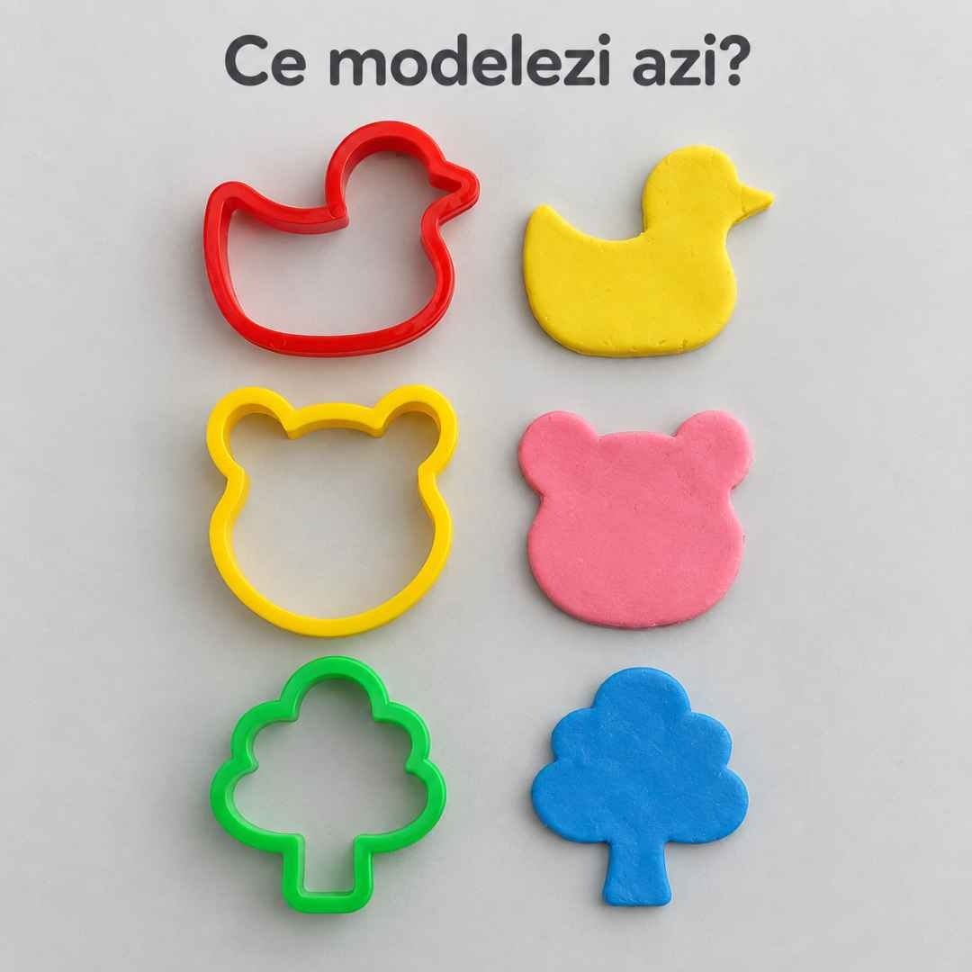 Forme pentru rățușcă, cap de ursuleț și copăcel, alături de exemple decupate din plastilină