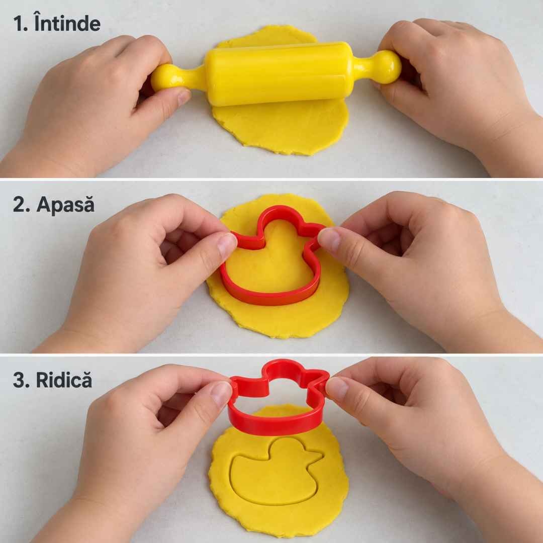 Modelaj în trei pași: întinde plastilina, apasă forma de rățușcă și ridic-o