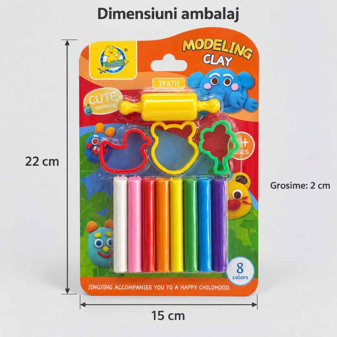 Ambalajul setului de plastilină: 22 cm înălțime, 15 cm lățime și 2 cm grosime