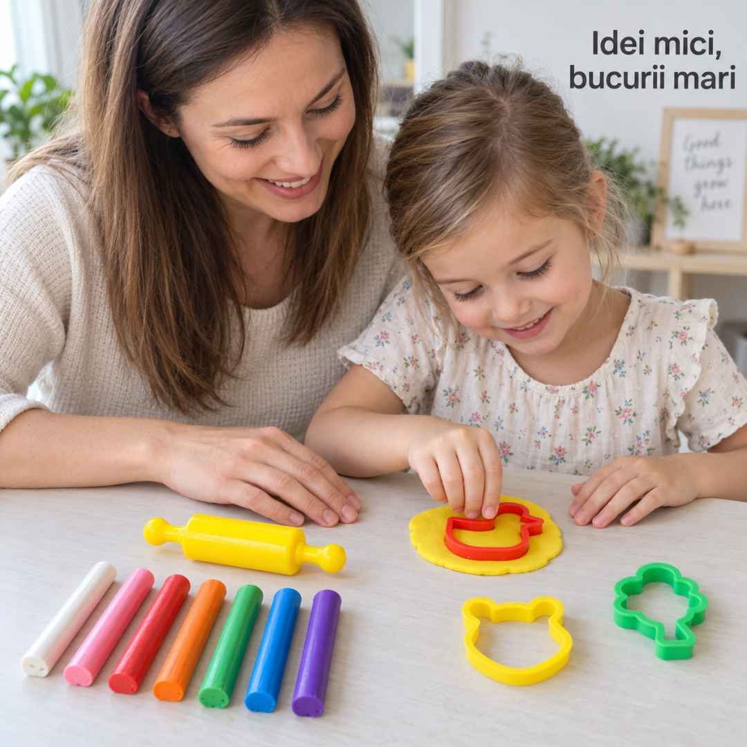 Mamă și copil modelează împreună plastilina cu formele și sucitorul din set