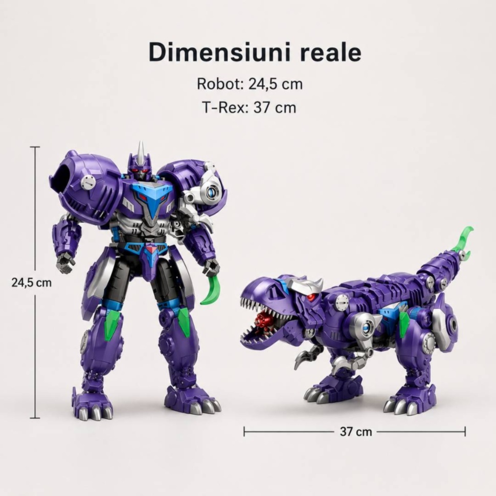 Dimensiuni reale robot transformabil 24,5 cm și T-Rex 37 cm