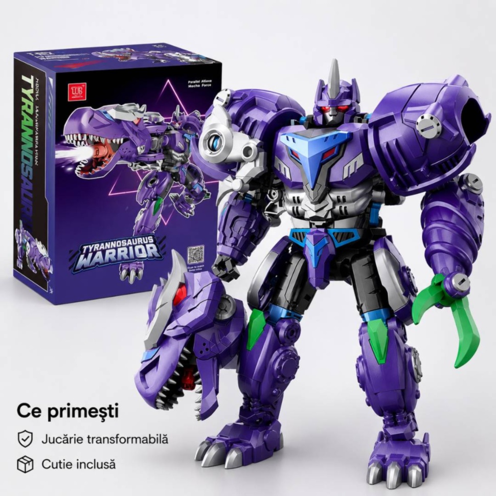 Conținutul pachetului cu robot transformabil în T-Rex și cutie