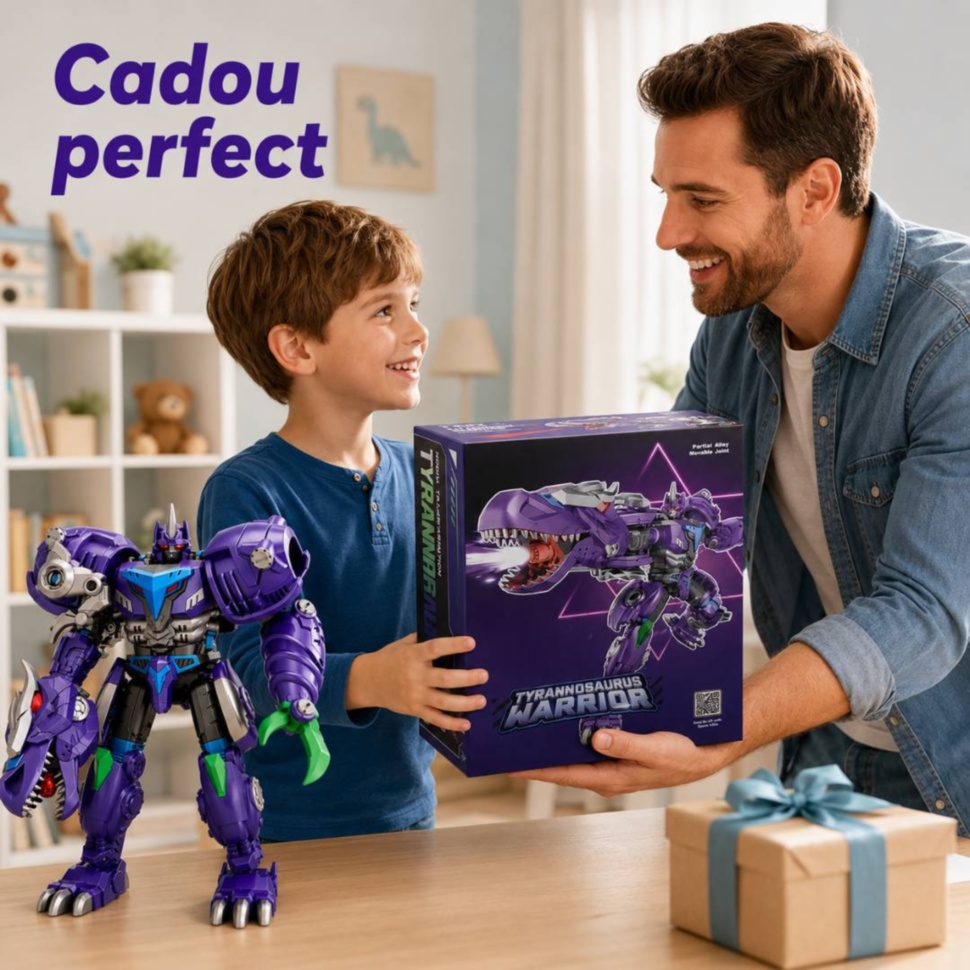 Robot transformabil în T-Rex mov prezentat în cutie pentru cadou