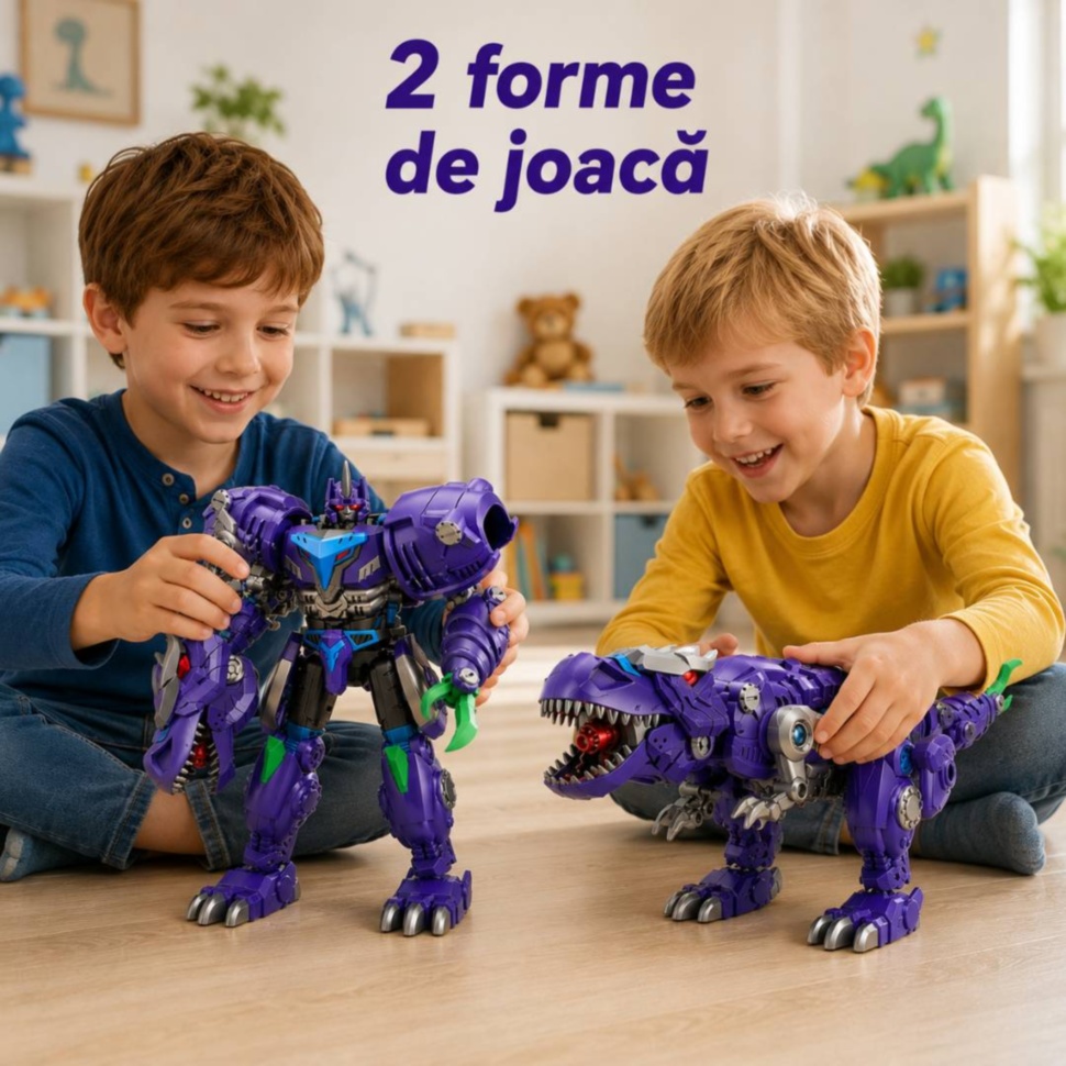 Copii se joacă împreună cu robotul transformabil și forma T-Rex