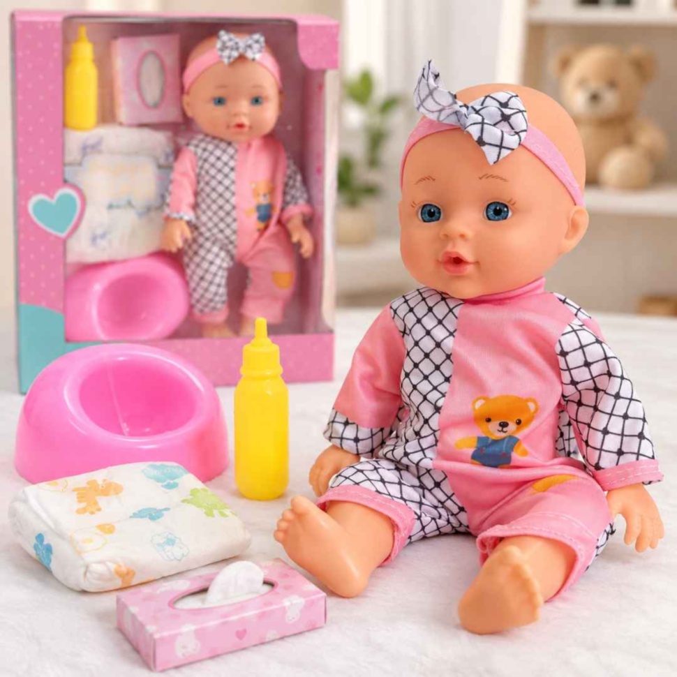 Păpușă bebeluș de 28 cm cu biberon, oliță, scutec și șervețele