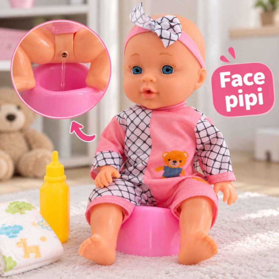Păpușă bebeluș care face pipi în olița roz inclusă