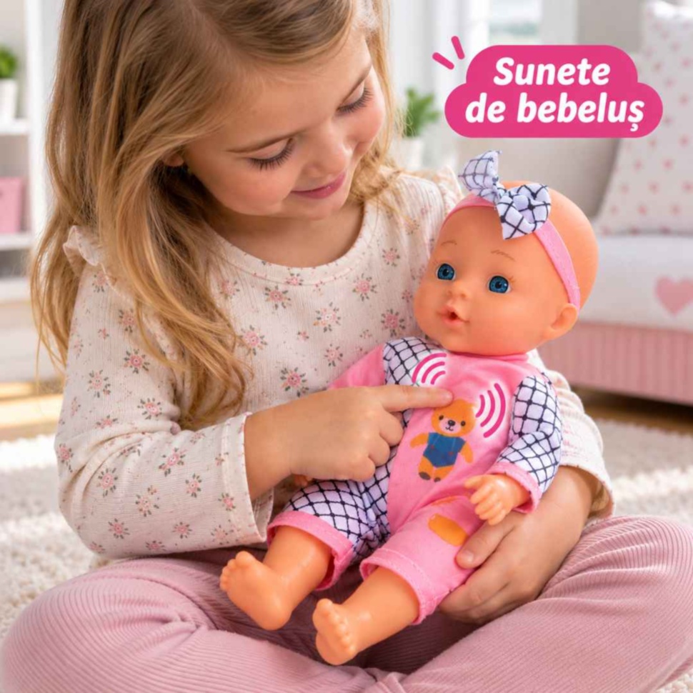 Fetiță apasă pieptul păpușii pentru a activa sunetele de bebeluș