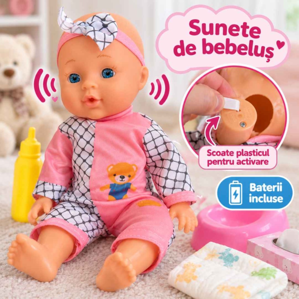 Sistemul de activare a sunetelor și bateriile incluse în păpușă
